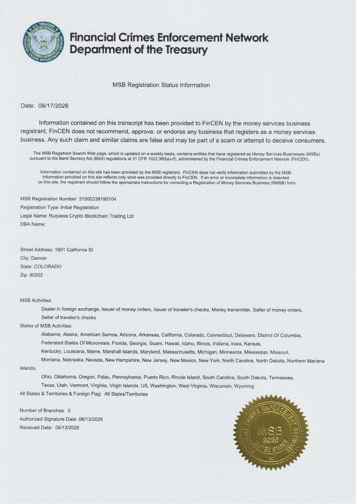 Preview of the Ruqvexa FinCEN MSB registrant record